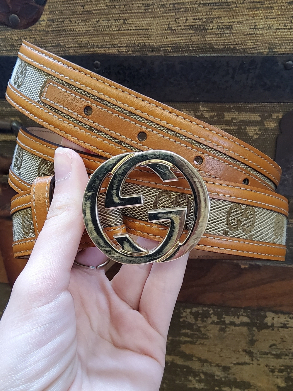 Gucci CC Brown Canvas & Leather Belt with Gold Double-G Buckle Fits Medium